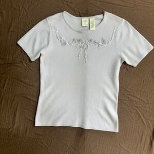 Emma James Womens Floral Beaded Knit Top Lavender Short Sleeve Size S